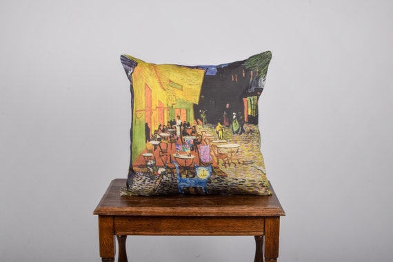 Vincent van Gogh, Cafe Terrace at Night + Funky cats, Cushion cover, 100% linen, Van Gogh, Art pillow,  18x18 pillow, custom size pillow