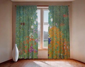 May include: Floral print curtains featuring a vibrant garden scene with orange, red, purple, and white flowers against a green backdrop. The curtains are hanging in front of a window, with a white vase on the floor.