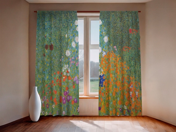 Curtains set, Gustav Klimt, Flower Garden, linen curtains, rod pocket, Custom curtains, window curtains, 100% linen