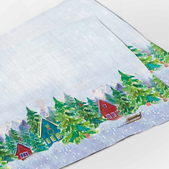 Placemats set, Forester's Hut, Christmas decorations, Christmas gift, Holiday decor, Christmas print, 100% linen, Christmas Ornaments