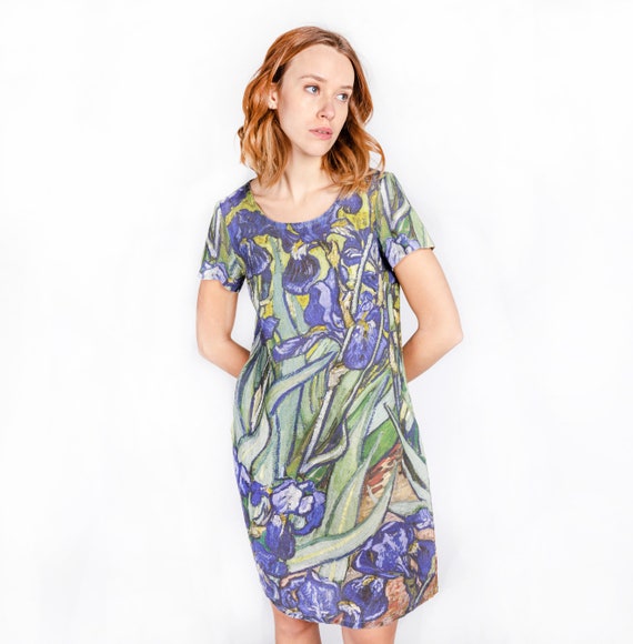 Vincent van Gogh, Irises, Linen dress, Summer dress, Loos fit linen, Linen clothes, Long sleeves dress, linen women dress, 100% linen fabric