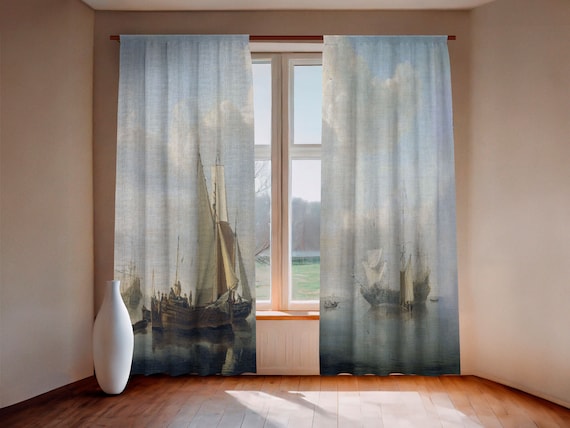 Curtains set, Ships before the Coast, Willem van de Velde the Younger, linen curtains, 100% linen, rod pocket, window curtains