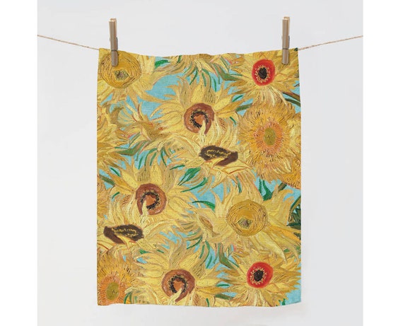 Kitchen towel, Sunflowers, Vincent van Gogh, linen towel, Blue yellow decor, 100% linen