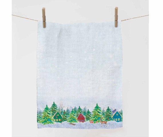 Kitchen towel, Forester's Hut, Dish towel, Christmas towel, Winter towel, Christmas gift, Christmas decor, 100% linen