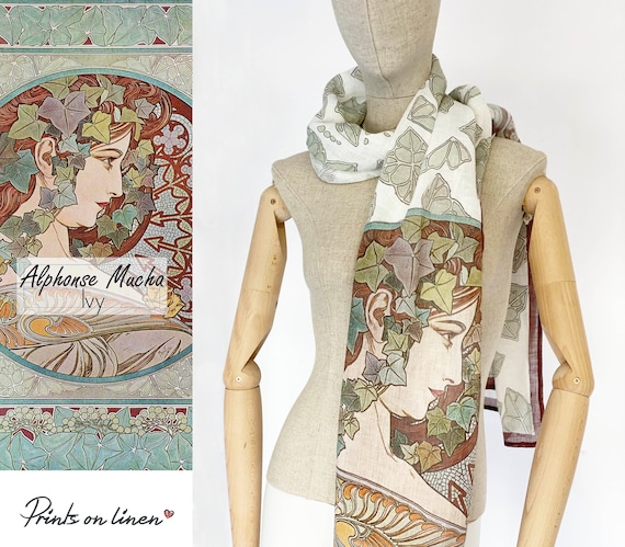 Women scarf, Alphonse Mucha, Linen scarf, 27 x 76 in, custom linen scarf, 100% linen, linen women scarf, hand made by Linenislove