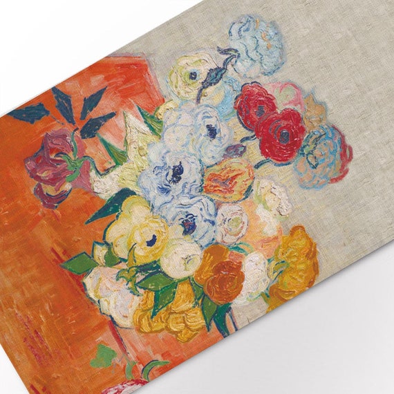 Table runner, Japanese Vase with Roses and Anemones, Vincent van Gogh, 1890, linen table runner, 100% linen