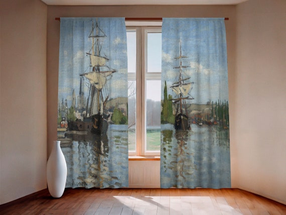Curtains set, Ships Riding on the Seine at Rouen, Claude Monet, linen curtains, rod pocket, Custom curtains, window curtains, 100% linen