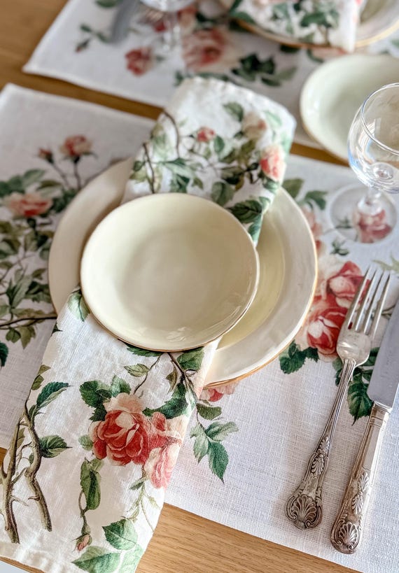 Placemats set, Wild Roses, linen placemats, wedding gift