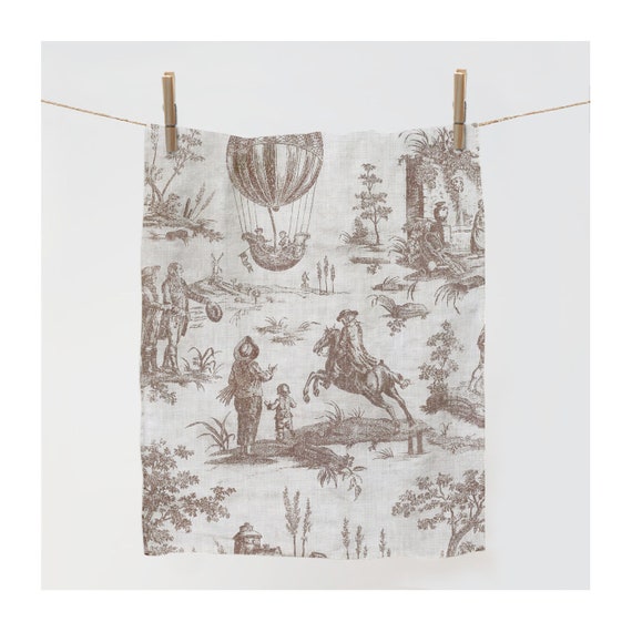Linen towel, Toile de Jouy, Air Balloon, kitchen towel, dish towel, linen kitchen towel, 100% linen, tea towel, hand towel