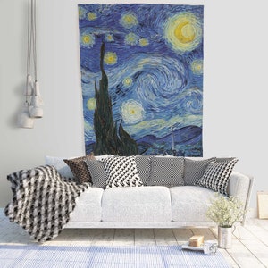 Van Gogh, Starry Night, wall hanging, wall art print, wall tapestry, 100% linen, wall decor, yellow wall decor, hand made in Lithuania