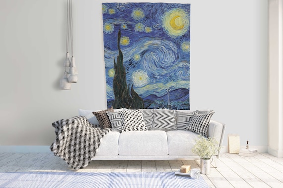 Van Gogh, Starry Night, wall hanging, wall art print, wall tapestry, 100% linen, wall decor, yellow wall decor, hand made in Lithuania