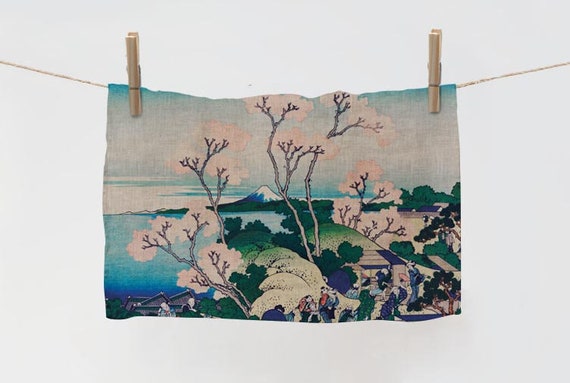 Spring Cherry Blossoms, Mount Fuji, Kitchen towel, linen towel, towel with hook, towel print, 100% linen, Japan towel, Japan Vintage art