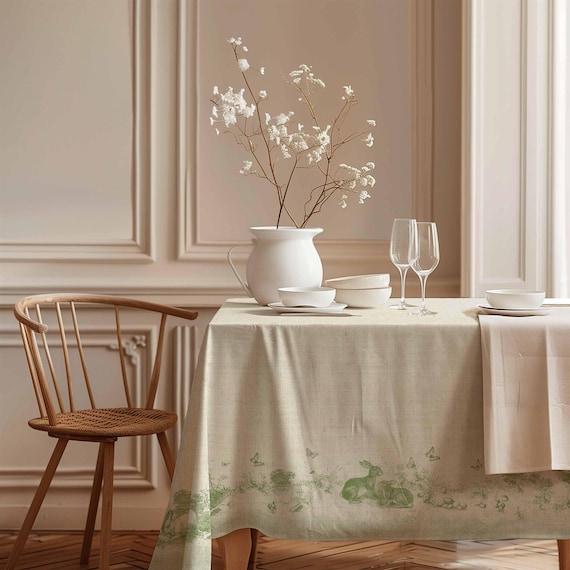 Wide Linen Tablecloth, Toile de Jouy Rabbit, Green, 100% linen fabric