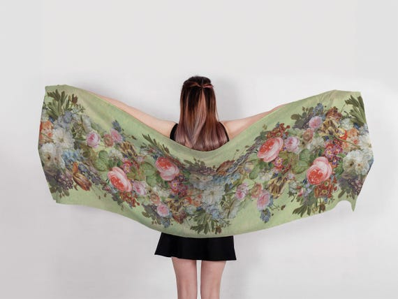 Floral Linen Scarf, Gerard van Spaendonck Still Life, Vintage Style, Green Edition