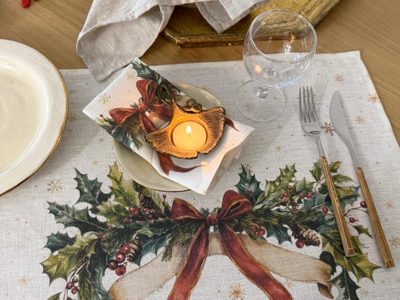 Placemats set, Velvet Ribbon, Holiday linens, linen placemats, 100% linen