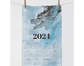 2024 Calendar Towel, Dragon towel, 2024 dragon year, Cat towel, Zodiac Tea Towel, linen towel, 100% linen