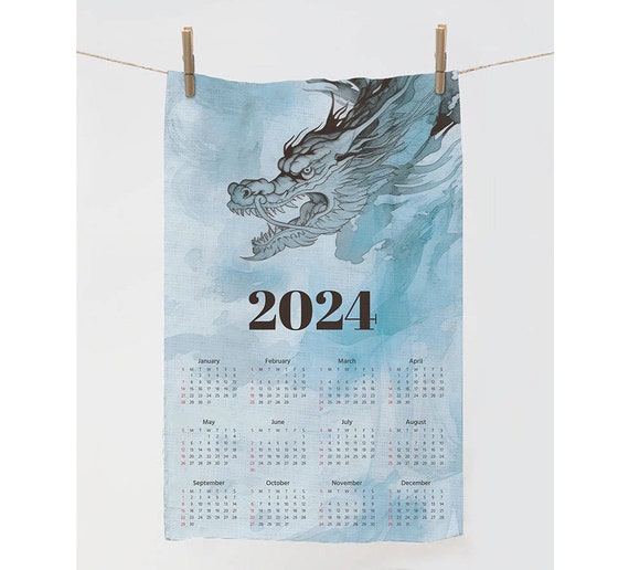 2024 Calendar Towel, Dragon towel, 2024 dragon year, Cat towel, Zodiac Tea Towel, linen towel, 100% linen