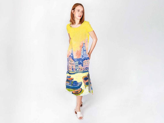 Linen women dress, Andre Derain, London St Paul's Cathedral, wedding guest dress, holiday dress, yellow linen dress