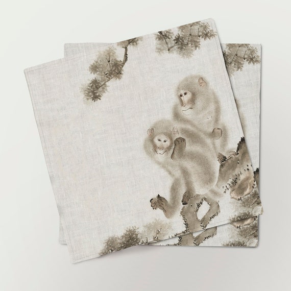 Napkins set, Japanese monkeys, Mori Sosen, linen napkins, Watercolor Monkeys, Vintage Monkey, 100% linen