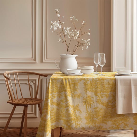 Yellow Toile de Jouy Linen Tablecloth, French Country Style
