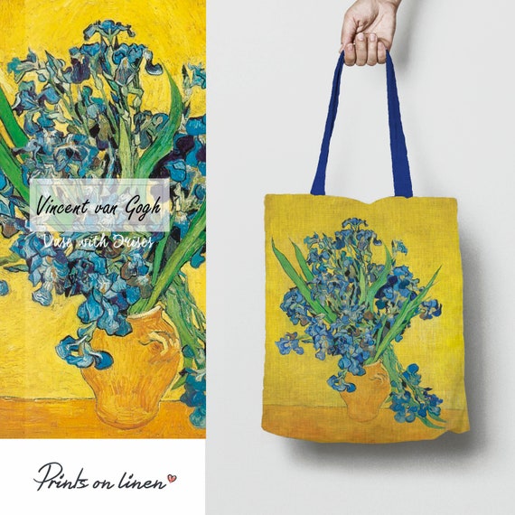 Tote bag, Vase with Irises, Vincent van Gogh, linen bag, art print, hand made in Lithuania, Van Gogh, custom bag