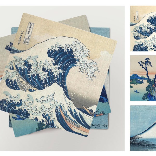 Napkins set, Katsushika Hokusai, linen napkins, three different artworks, Japan decor, Japan fabric, 100% linen