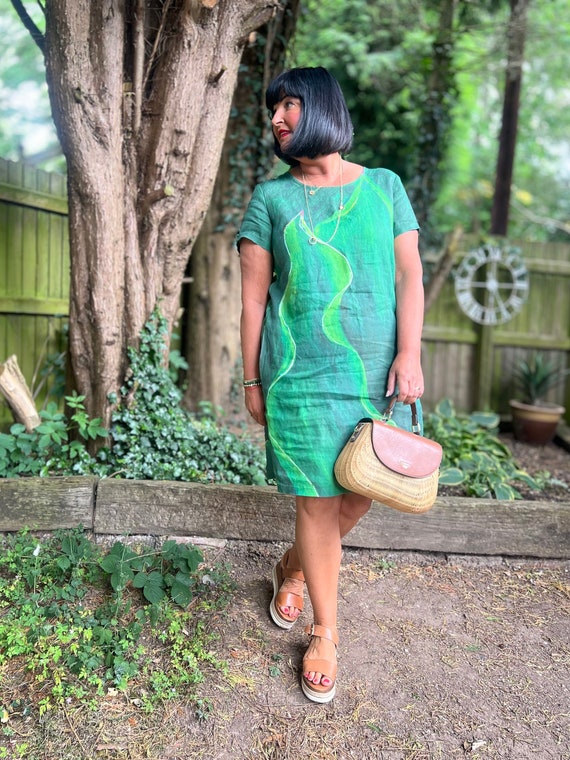 Wabi Sabi, linen dress, sleeveless dress, dress with pockets, green fashion, wabi sabi linen, wabi sabi art, green leave, hand made dress