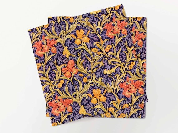 Napkins set, William Morris, Yellow Orange Iris Flowers Cross Stitch, 100% linen