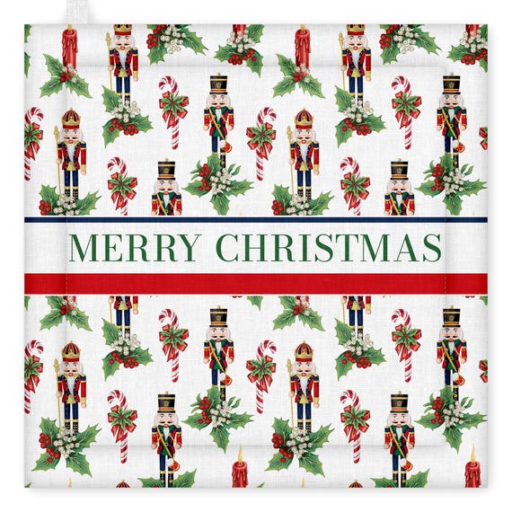 Linen Pot Holder, Nutcracker Holiday, Christmas Cat, 100% linen