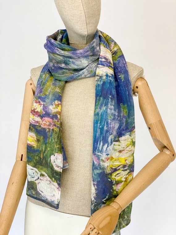 Claude Monet, Water Lilies, linen scarf, linen women scarf, scarf print, 100% linen, linen wrap, blue linen scarf, linen is love