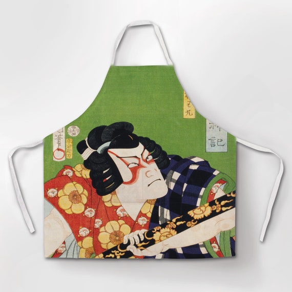 Apron, Toyohara Kunichika (1835-1900), Ukyio-e style illustration, samurai apron, linen apron, 100% linen fabric