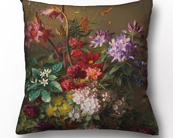 May include: A painting of a bouquet of flowers in a vase. The flowers are a variety of colors, including red, pink, white, and purple. The vase is brown and has a textured surface.