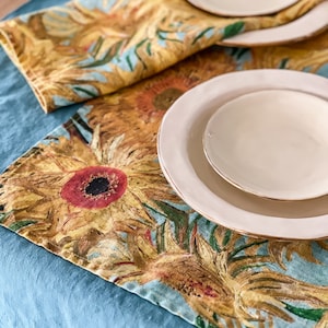 Linen placemats, Sunflowers, Vincent van Gogh, Van Gogh table textile, fabric placemats, blue yellow