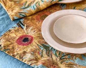 Linen Placemats, Van Gogh Sunflowers Print, Table Textile