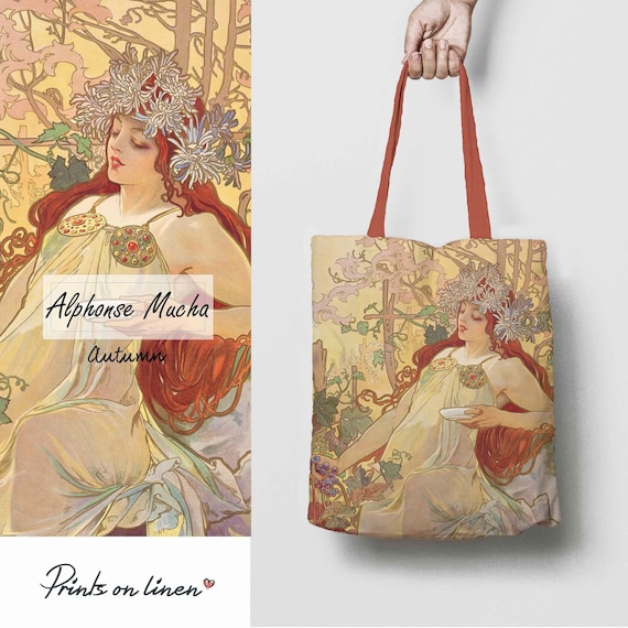 Alphonse Mucha, Autumn, 100% linen, Mucha gift, Personalized tote, Mucha Seasons, Tote bag, Linen tote bag, Custom tote bag