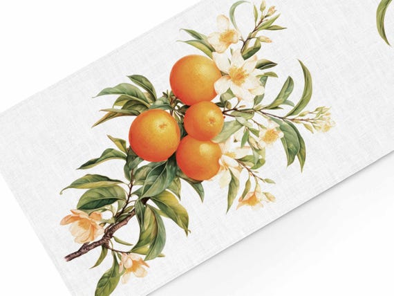 Table runner, Floral Citrus Elegance, 100% linen, linen table runner