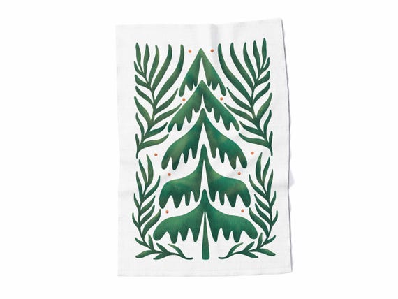 Linen towel, Christmas tree art, 100% linen, fabric towel