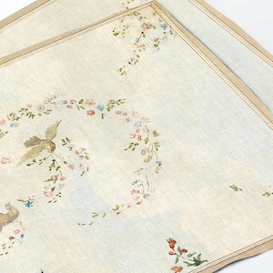 Op de afbeelding: Twee vierkante, gebroken witte decoratieve panelen met een lichtblauwe achtergrond. Elk paneel heeft een beige rand en een ontwerp van vogels, bloemen en bloemenslingers in pastelkleuren. De algehele esthetiek is vintage en delicaat.
