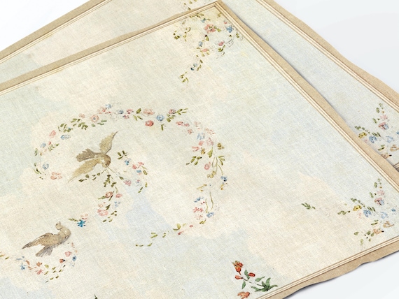 Linen Placemat Set "Doves and Flower Garlands", Vintage Table Decor, 100% linen