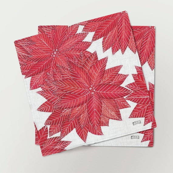 Napkins set, Poinsettia, Christmas Flower, Christmas napkins, Christmas plant, linen napkins, holiday napkins