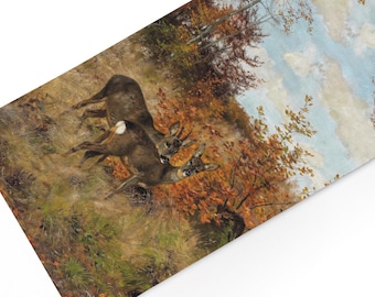 Linen Table Runner, Roe Deer with Autumn Leaves by Josef Schmitzberger, 100% Linen, Handmade in Lithuania, Fall Home Decor