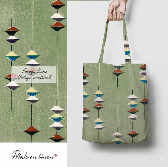 Tote bag, Furuya Kōrin, Woodblock, custom tote bag, Japanese art, Japan tote, tote bag patterns, linen tote, 100% linen