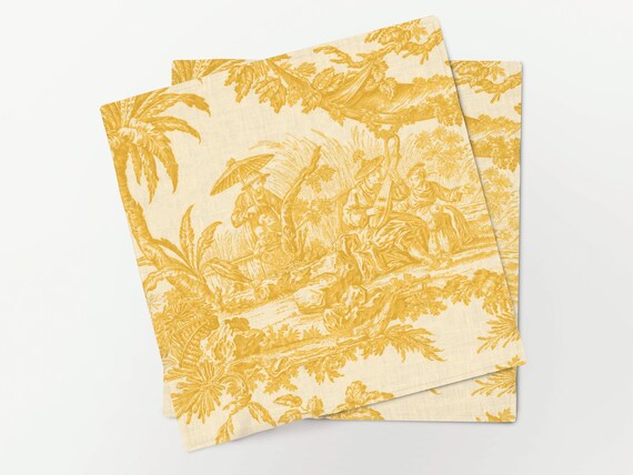 Napkins set, Yellow Toile de Jouy, 100% linen, napkin cloth, fabric napkins