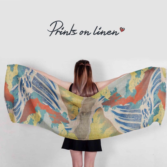 Scarf, Yoshitsine falls, Linen scarf, Katsushika Hokusai, wabi sabi, 100% linen scarf made in Lithuania