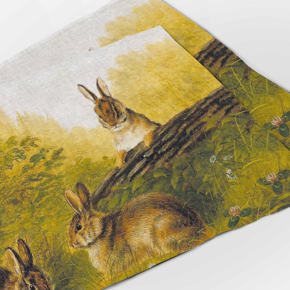 Placemats set, Arthur Fitzwilliam Tait, Rabbits on a Log, 1897, Easter placemats, linen placemats, rabbits placemats, rabbits vintage