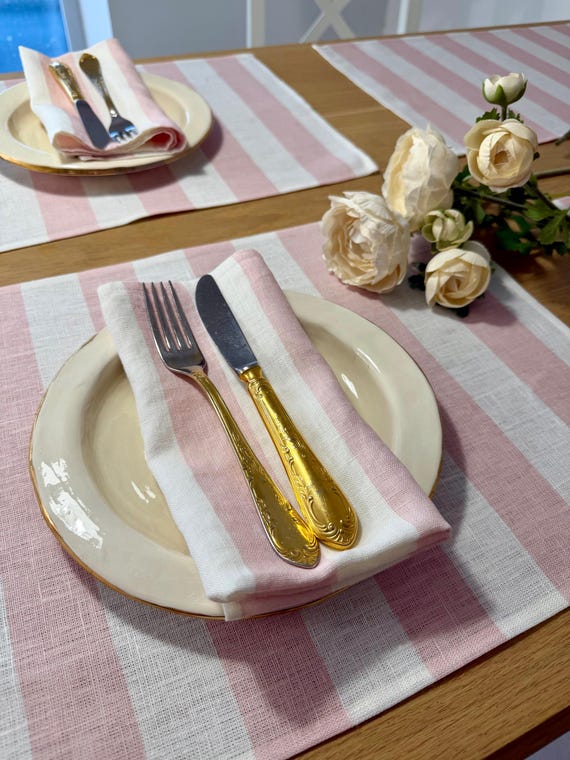 Rosa gestreifte Leinen Tischsets Set, skandinavische minimalistische Tischdekoration