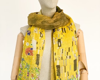 Linen Scarf, Gustav Klimt The Kiss Art Print, Handmade Maxi Scarf