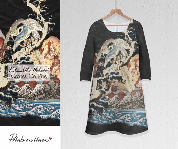 Linen dress, Cranes, Katsushika Hokusai, 100% linen, dress with pockets, summer linen dress, Knee Length dress, soft linen dress