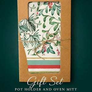 Christmas Botanicals Linen Pot Holder & Oven Mitt Set, Handmade Lithuania