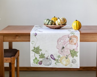 Linen Table Runner, Pumpkins Print, Farmhouse Table Decor